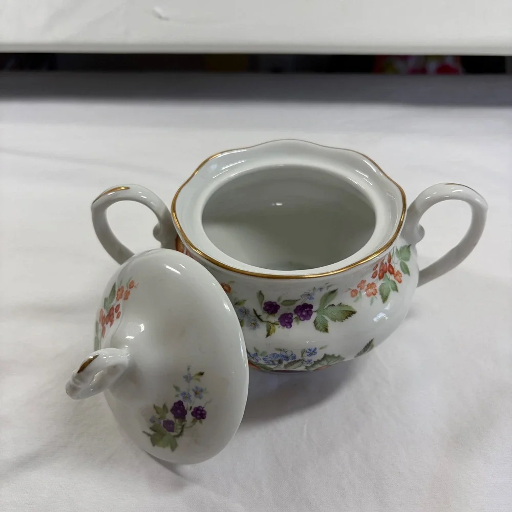 Karolina Poland Porcelain Sugar Bowl and Creamer Set Fruit Floral Gold Trim